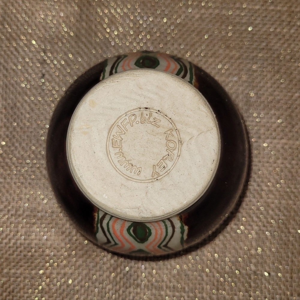 Handmade Art Deco Pottery Vase Planter Cachepot Brown w Green & Orange Design - Picture 6 of 6